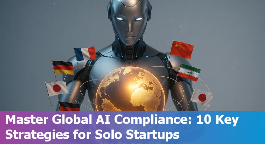 Solo AI founder reviewing compliance strategies for global AI regulations across 150 countries, with legal documents and a laptop.