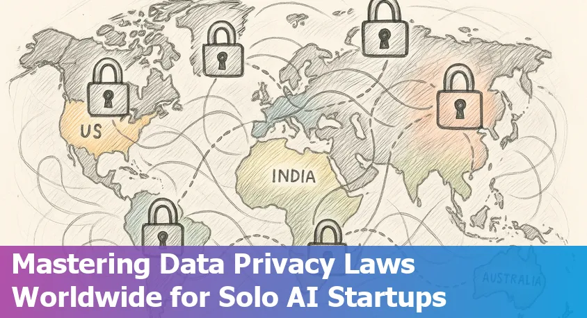 Solo AI startup founder examining data privacy law maps and compliance checklists from multiple global regions.