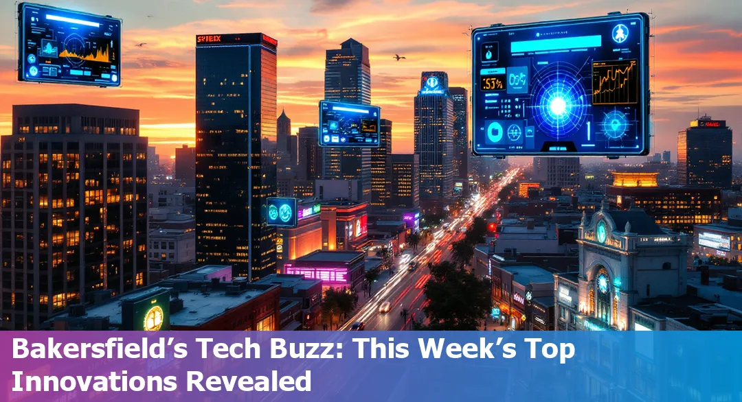 Bakersfield skyline with drone flying over city and tech devices symbolizing innovation