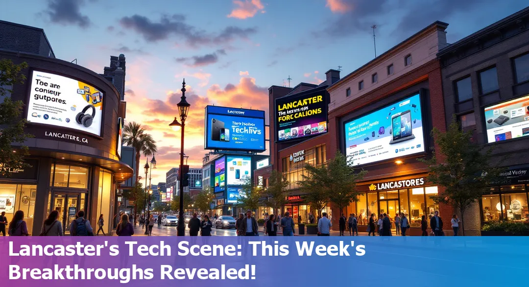 Lancaster, CA cityscape with digital icons signifying technology amid a turbulent news backdrop.