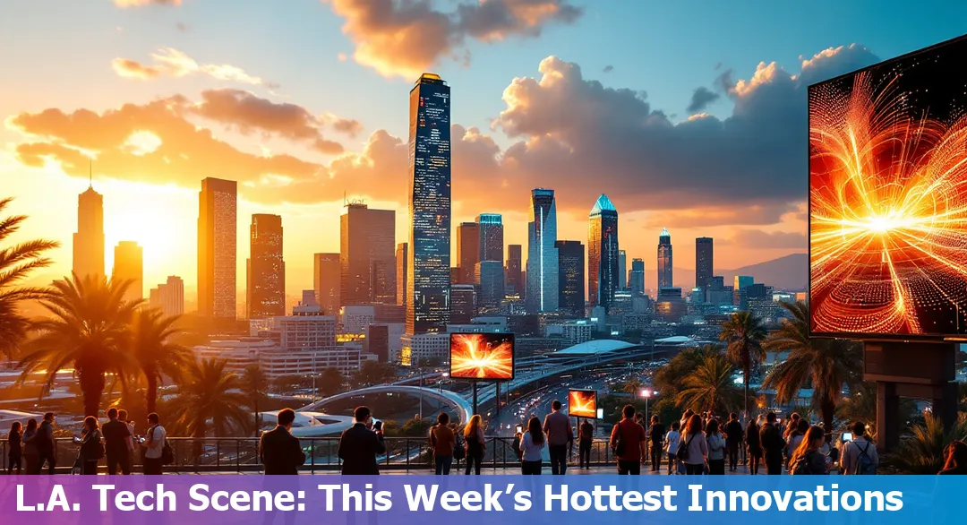 Los Angeles skyline with digital tech icons overlay, symbolizing LA’s vibrant technology sector in 2025.