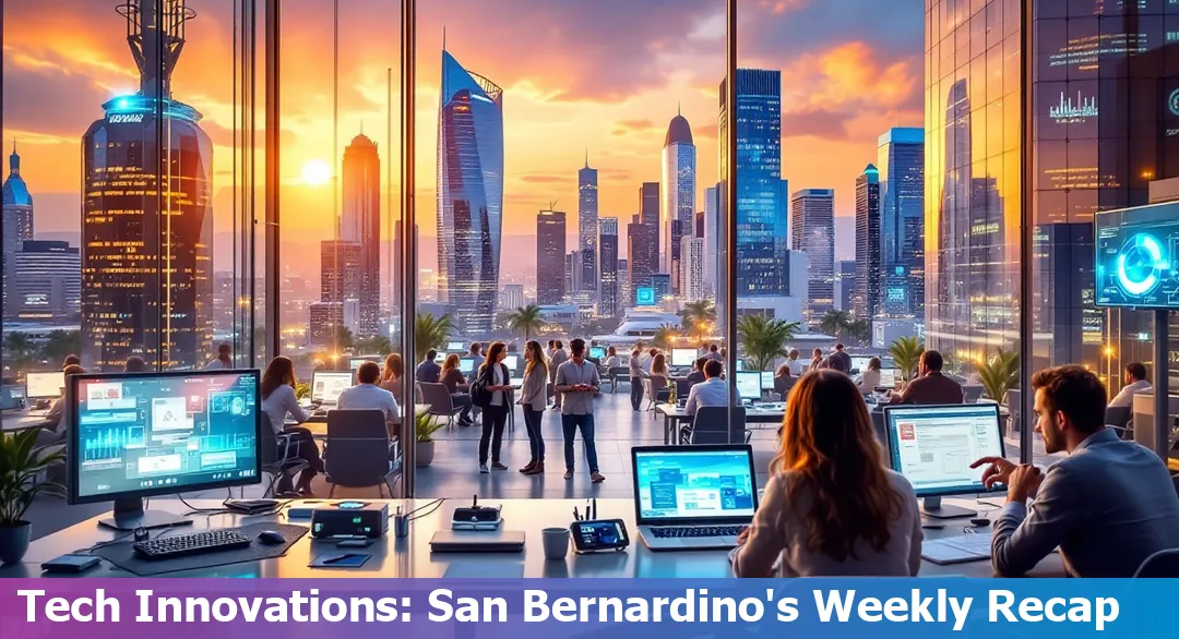 San Bernardino city skyline with tech-themed overlay representing innovation and progress.