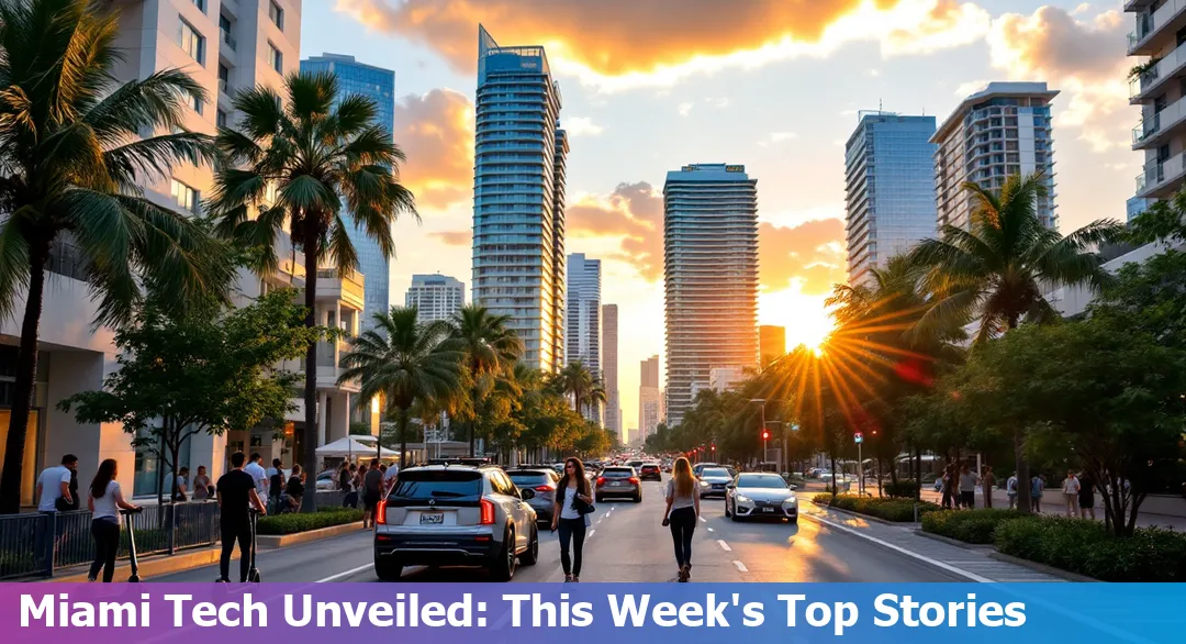 Tech professionals at a Miami event, networking amid digital displays and vibrant city backdrops.