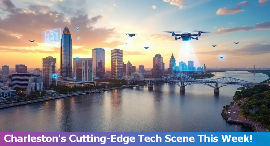 Charleston skyline with tech symbols, illustrating the city's growing tech industry.