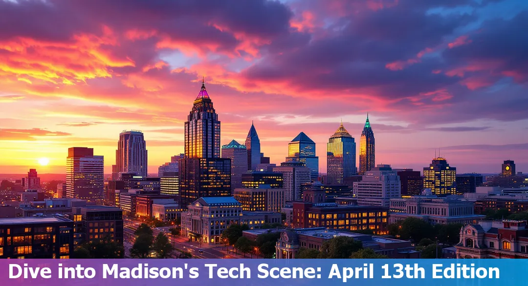 Skyline of Madison, WI with tech-themed graphics overlay symbolizing innovation and growth.