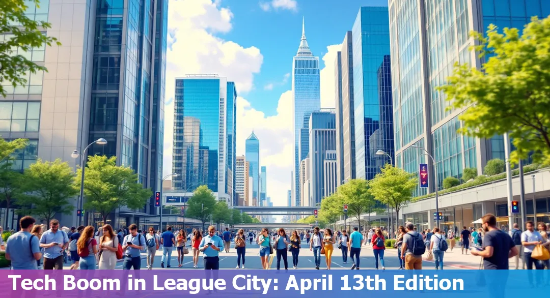 A bustling tech hub in League City showcasing innovation and sustainability.