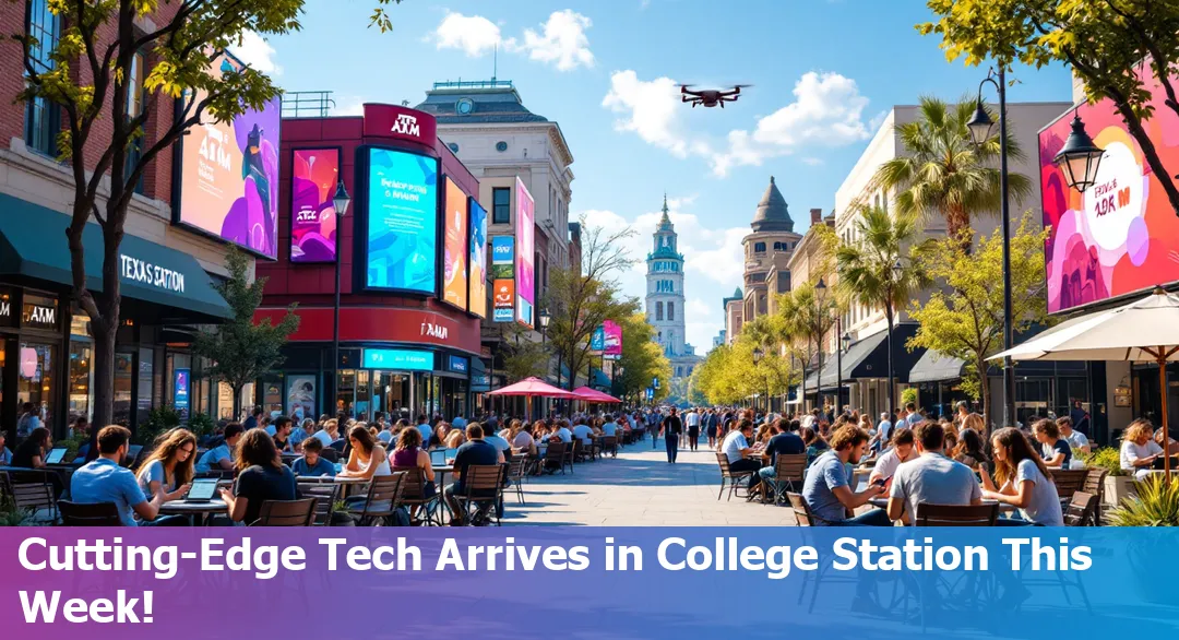 College Station skyline with Texas A&M campus and sports facilities, highlighting technology and community innovation in 2025.