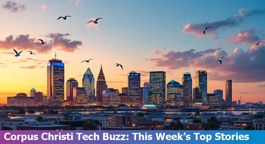 Aerial view of downtown Corpus Christi, Texas with digital tech icons representing innovation and education.