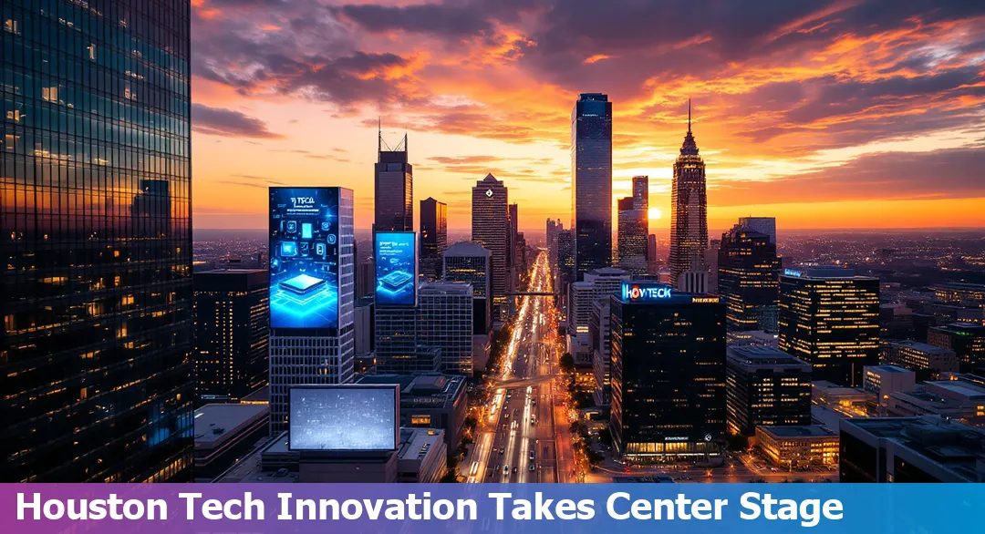 Houston skyline with technology, space, and energy innovation icons illustrating recent tech advancements.