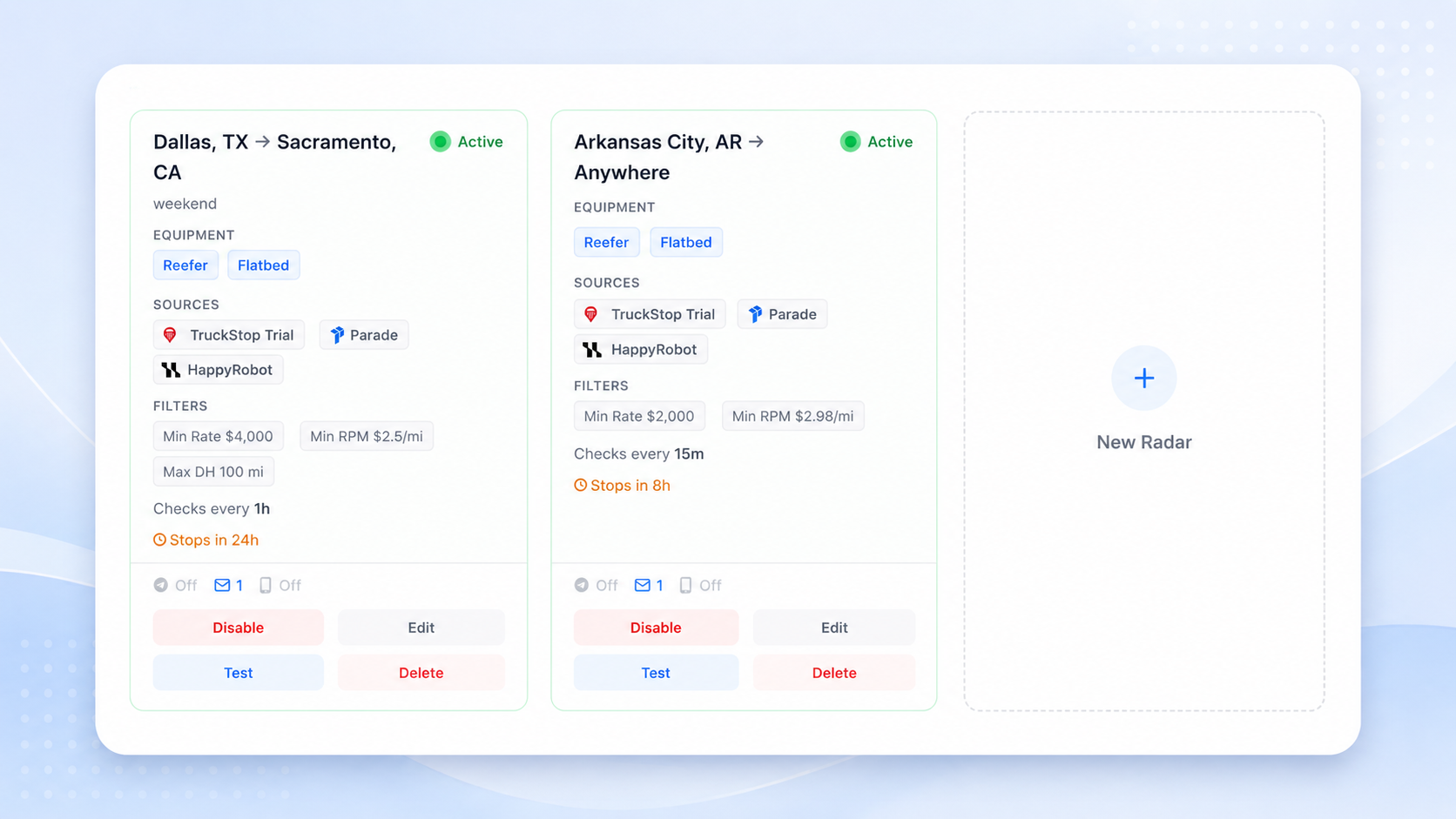 Load Radar — real-time lane alerts when freight matches your saved search