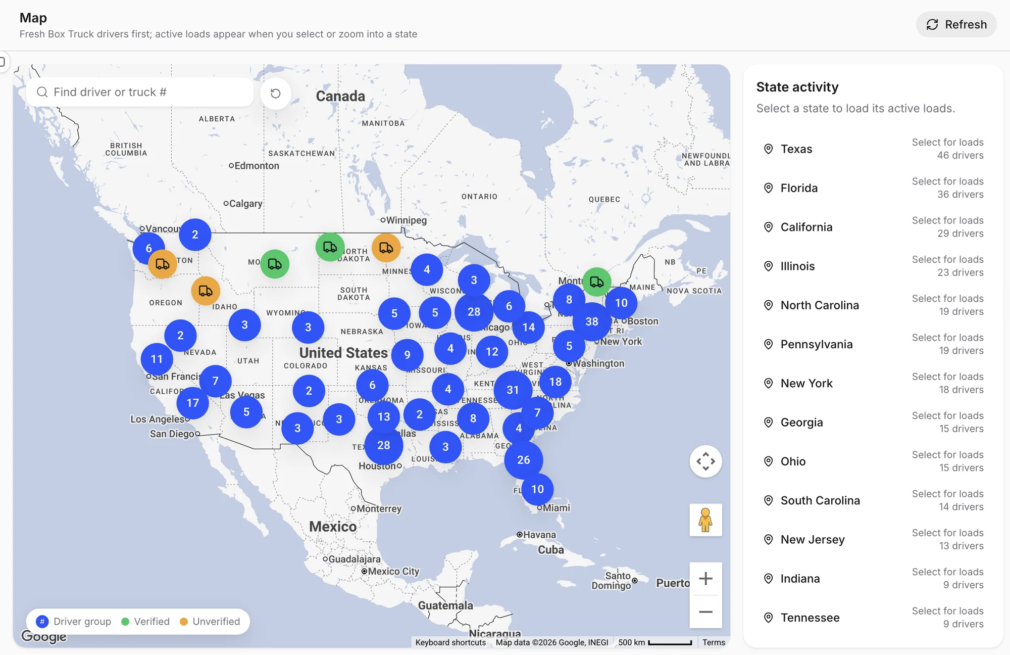 The Numeo map: box-truck drivers grouped by state across the US, with a state activity panel listing driver counts per state
