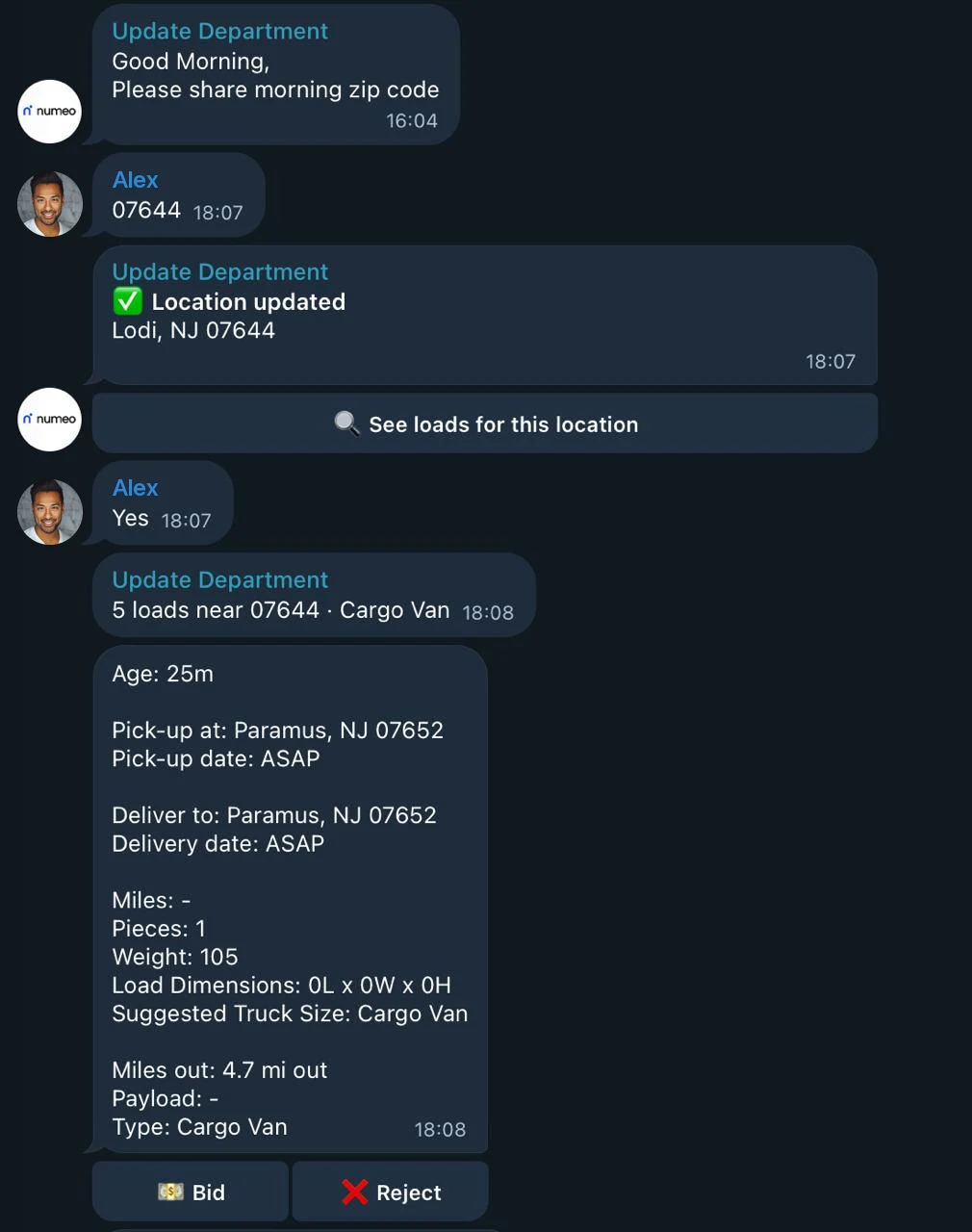 The Numeo Telegram bot asks a driver for their morning zip code, updates the location to Lodi, NJ, and sends cargo van loads with Bid and Reject buttons