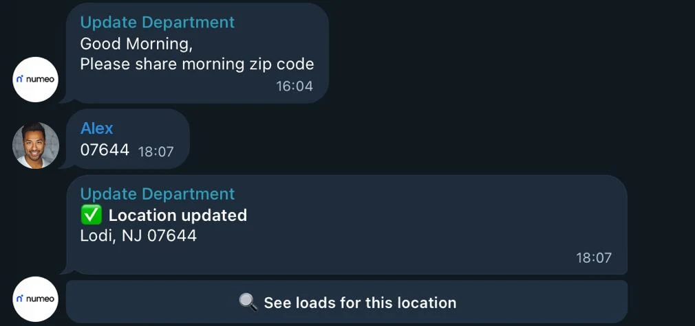 A driver sends zip code 07644 and the Numeo bot replies: Location updated, Lodi, NJ