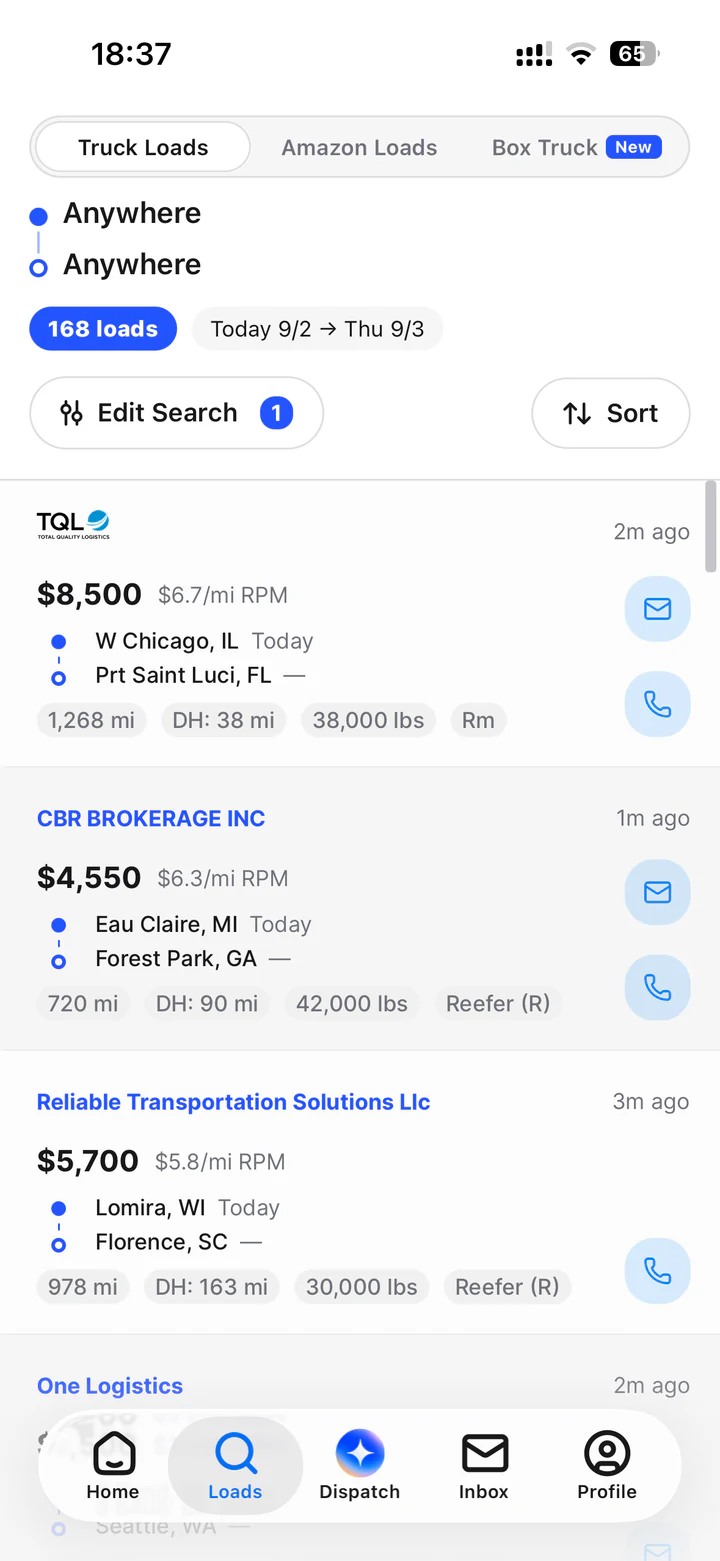 Numeo App load results — rate, lane, equipment and broker on each load