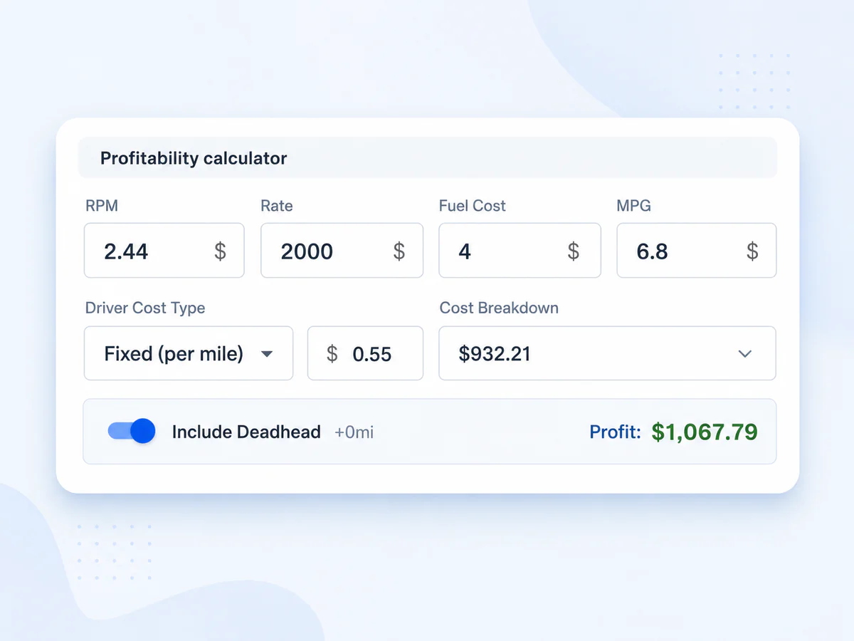 Profit calculator showing RPM and rate on every load