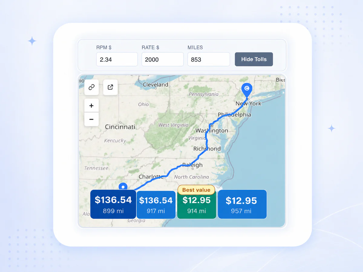 Toll calculator suggesting the route with the lowest toll cost