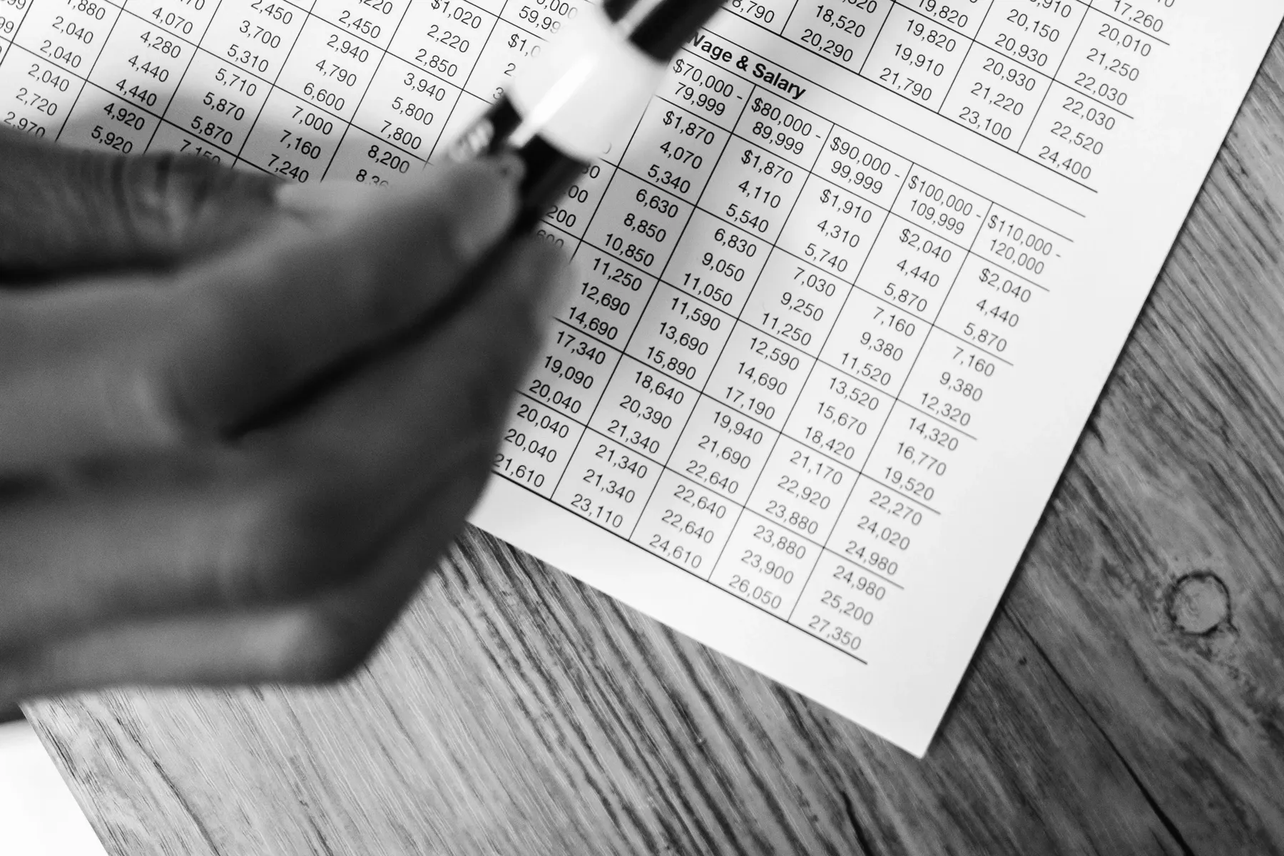 A hand holding a pen over a printed tax table on a wooden desk, in black and white.