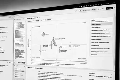 A driver chart open on a laptop screen photographed at an angle, its bubbles and error bars spread across four named regions, in black and white.