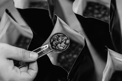 Abstract Numr artwork: one measured scoop of coffee beans held above a grid of open, full bags.