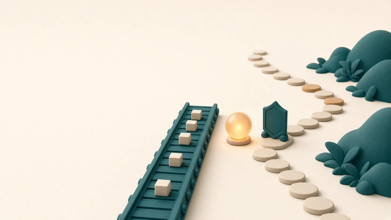 A glowing amber orb stands at a fork between a teal conveyor belt carrying identical blocks, representing a fixed n8n workflow, and a winding stepping-stone path guarded by a shield gate, representing a flexible AI agent with approvals.