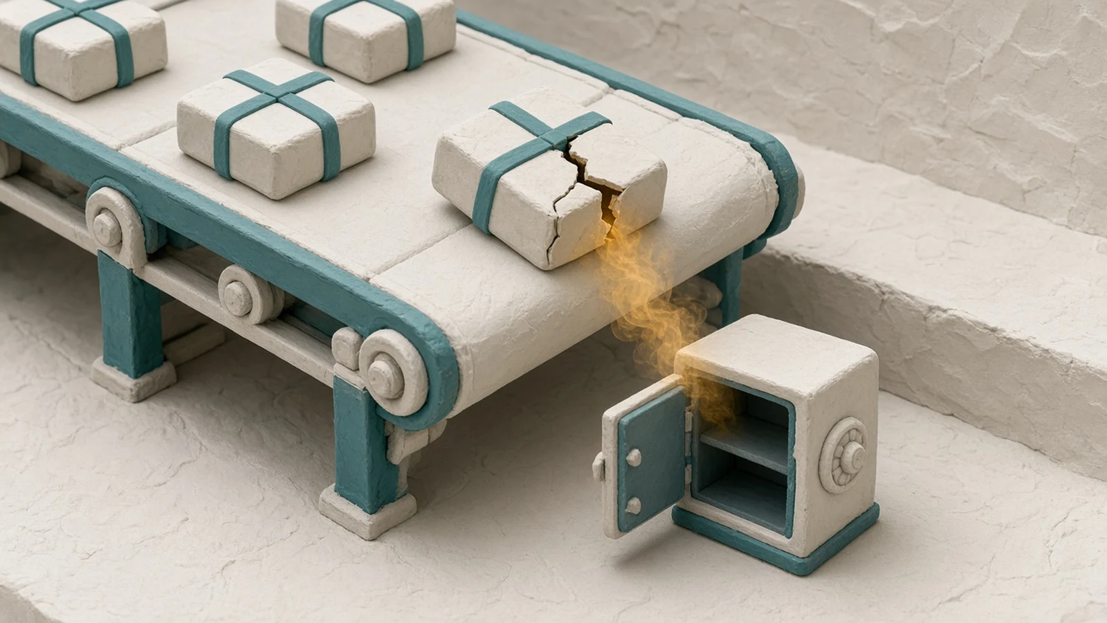 Clay-style illustration of a teal conveyor belt carrying sealed parcels, one cracked open and leaking amber smoke into an open safe, standing for a poisoned package release that stole stored credentials.