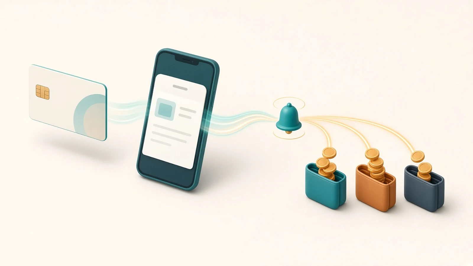 A card flows into a phone showing a payment sheet, then on to a ringing webhook bell that splits into three streams of coins dropping into separate wallets, illustrating PaymentSheet, webhooks and Connect payouts