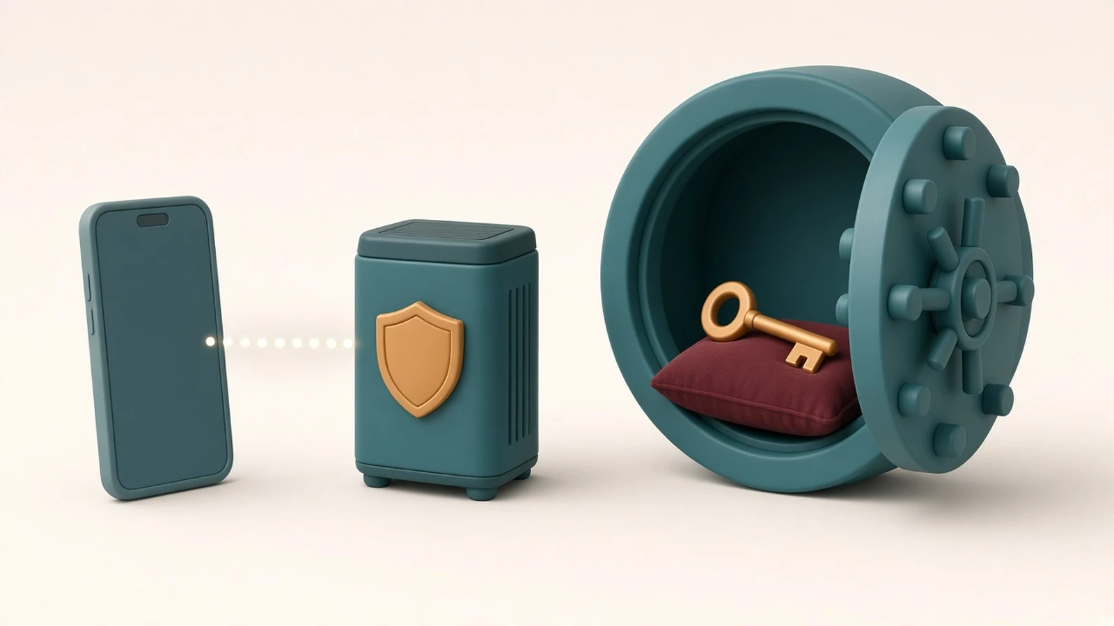 A phone sends a dotted line of light to a small server with a shield, while a golden key rests on a cushion inside an open teal vault, illustrating API keys kept behind a backend proxy