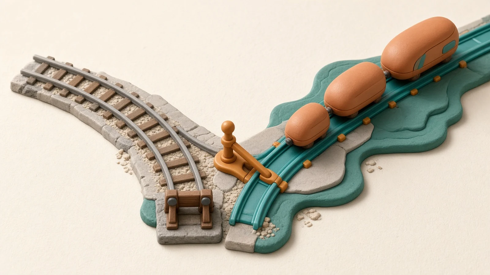 Clay model railway junction where an amber switch lever moves the line off an old grey track ending at a buffer stop onto a teal track carrying three carriages of increasing size, standing for migrating to the Claude 5.5 models Haiku, Sonnet and Opus.