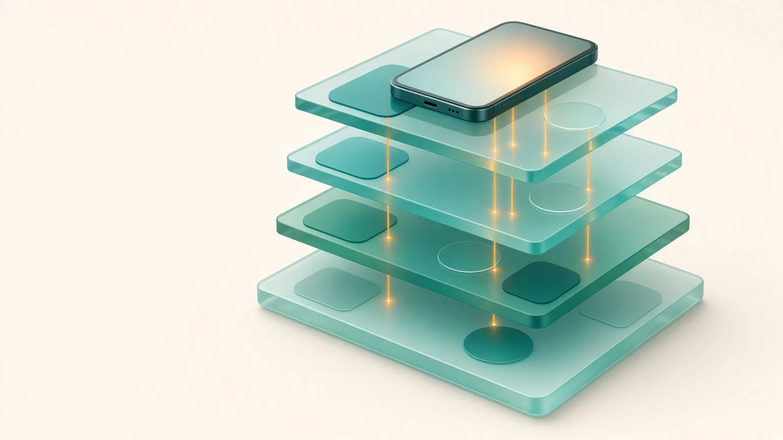 Four stacked translucent teal glass panes linked by amber threads, with a smartphone resting on the top pane, illustrating layered Riverpod providers feeding the UI