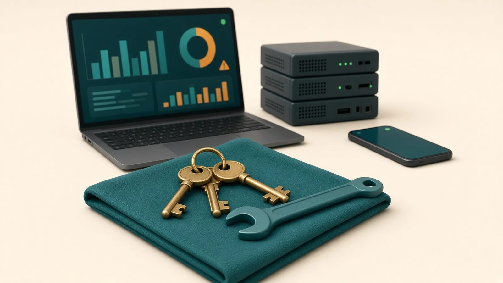 A ring of brass keys and a teal wrench on a folded cloth in front of a laptop showing a live dashboard with a warning sign, next to stacked servers and a phone, illustrating taking over a live app