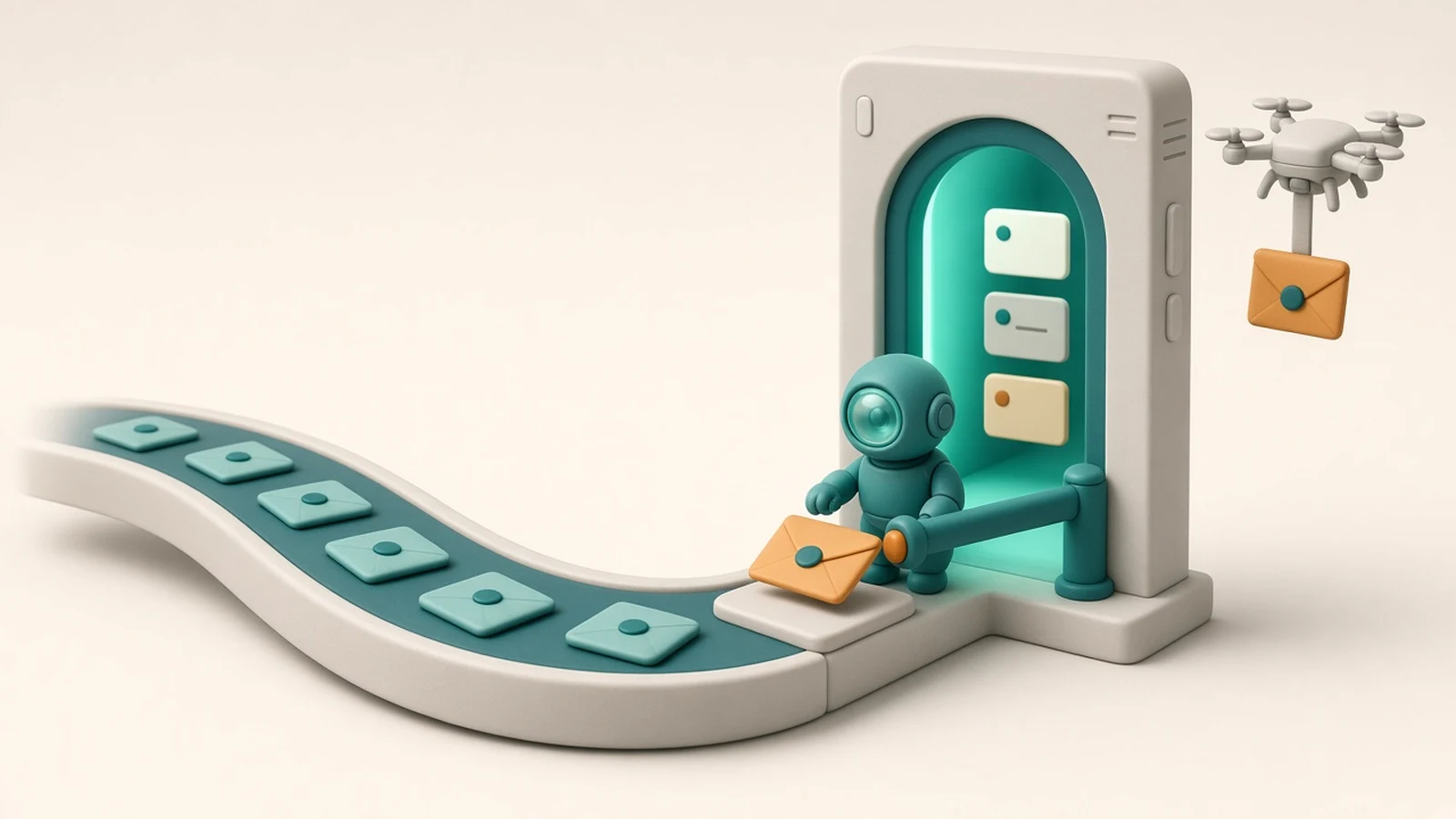 A teal robot gatekeeper at the arched doorway of a phone-shaped building lets blank teal envelopes in from a conveyor while a barrier arm stops an amber envelope delivered by an outside drone, standing for Flutter 3.50 checking who sent an Android Intent before using its extras.