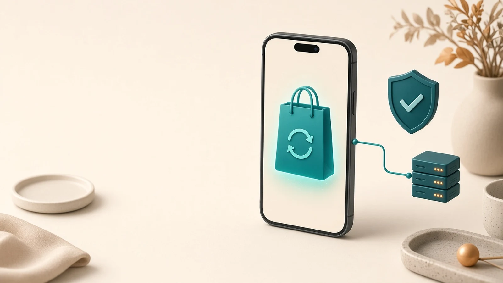 Smartphone on an off-white desk showing a teal shopping bag with a renewal loop, wired to a small server rack beside a teal shield with a checkmark, illustrating in-app purchases verified on a server