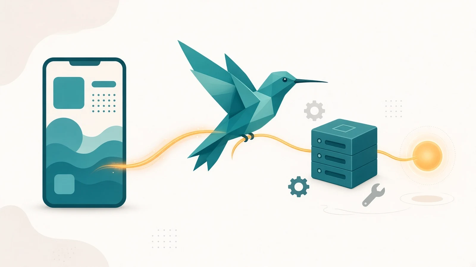 Illustration of a teal phone app sending an amber thread through a geometric teal hummingbird to a Dart server stack with gears and a wrench, which connects to a glowing amber orb for the AI model, representing Flutter calling Genkit Dart flows and tools on a server.