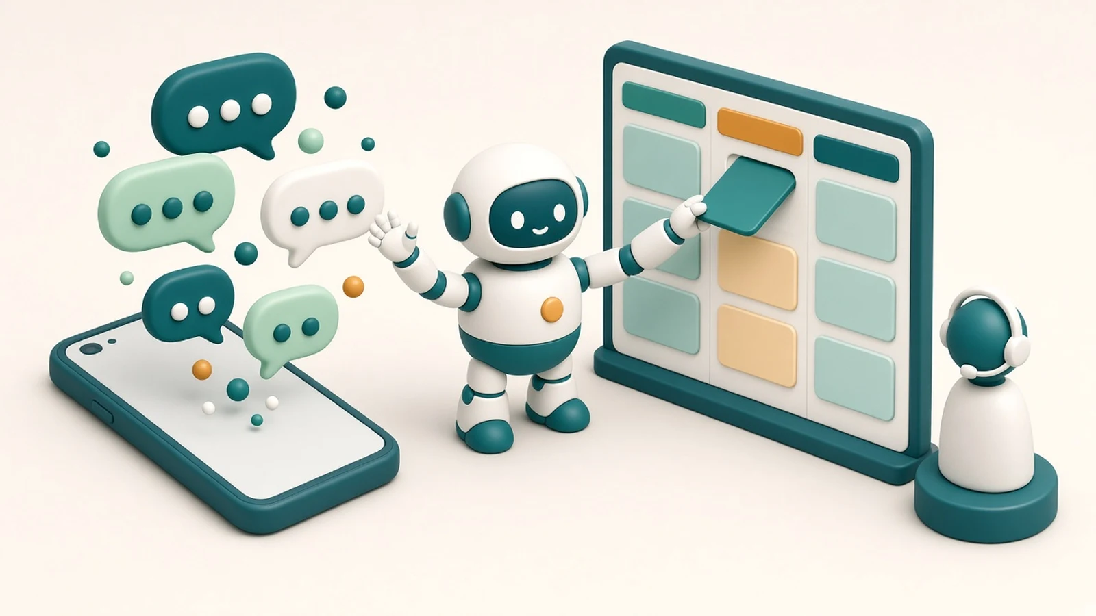 Chat bubbles rise from a phone to a small robot agent that places a card on a CRM board, with a headset figure waiting nearby for human handoff, illustrating a WhatsApp AI agent updating a CRM