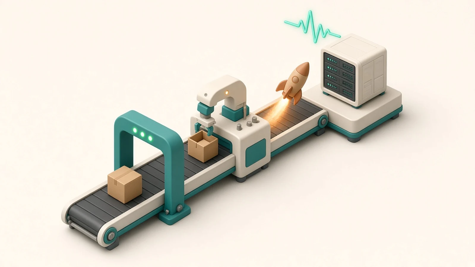 An isometric conveyor belt carries boxes through a test arch with green lights and a packing station, then a rocket launches toward a server with a heartbeat line above it, illustrating a CI/CD pipeline from tests to deploy and health check