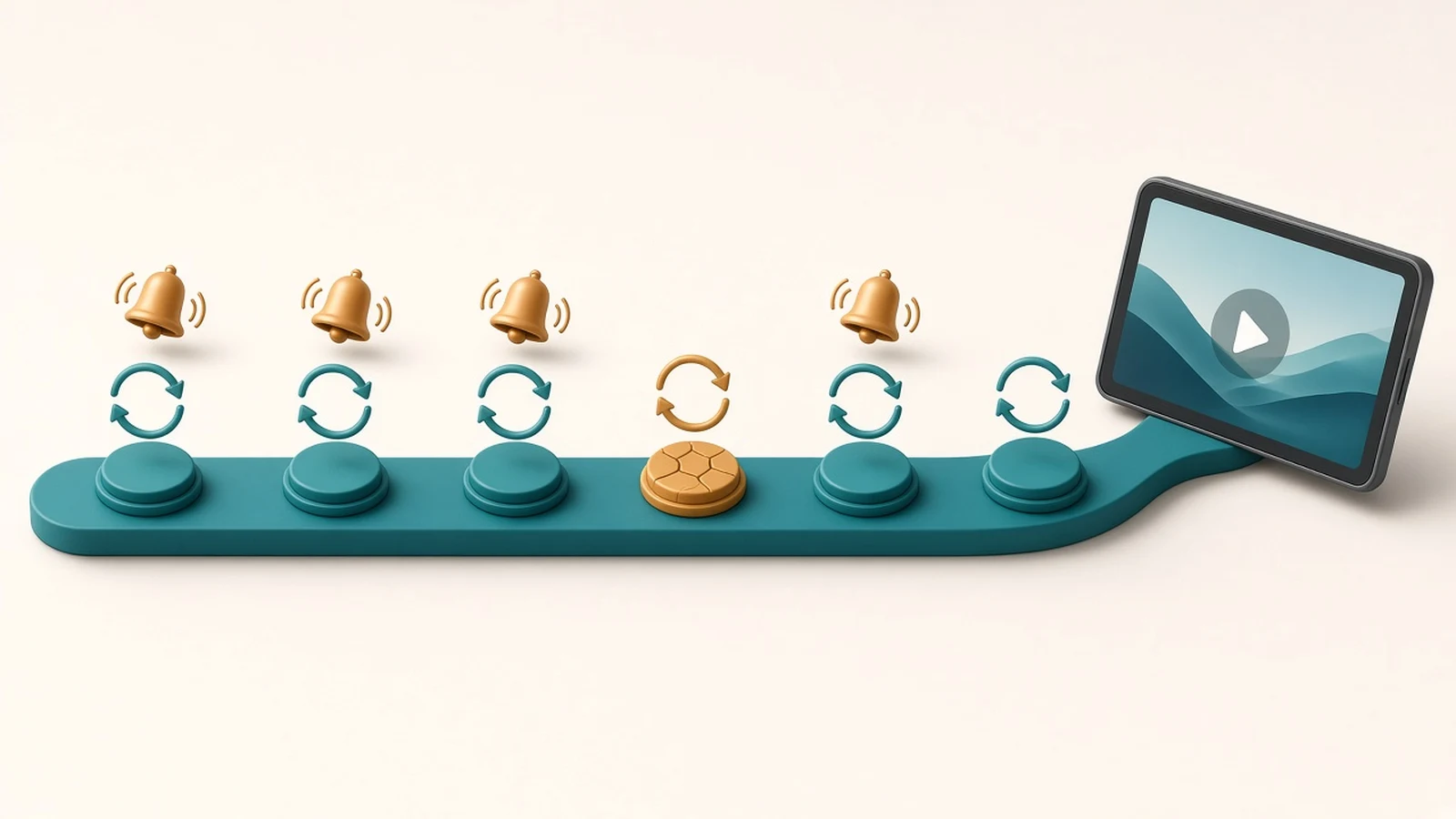 A teal timeline of renewal milestones with circular arrows and ringing notification bells, one cracked amber milestone for a failed renewal, ending at a tablet playing video, illustrating subscription renewals and server notifications