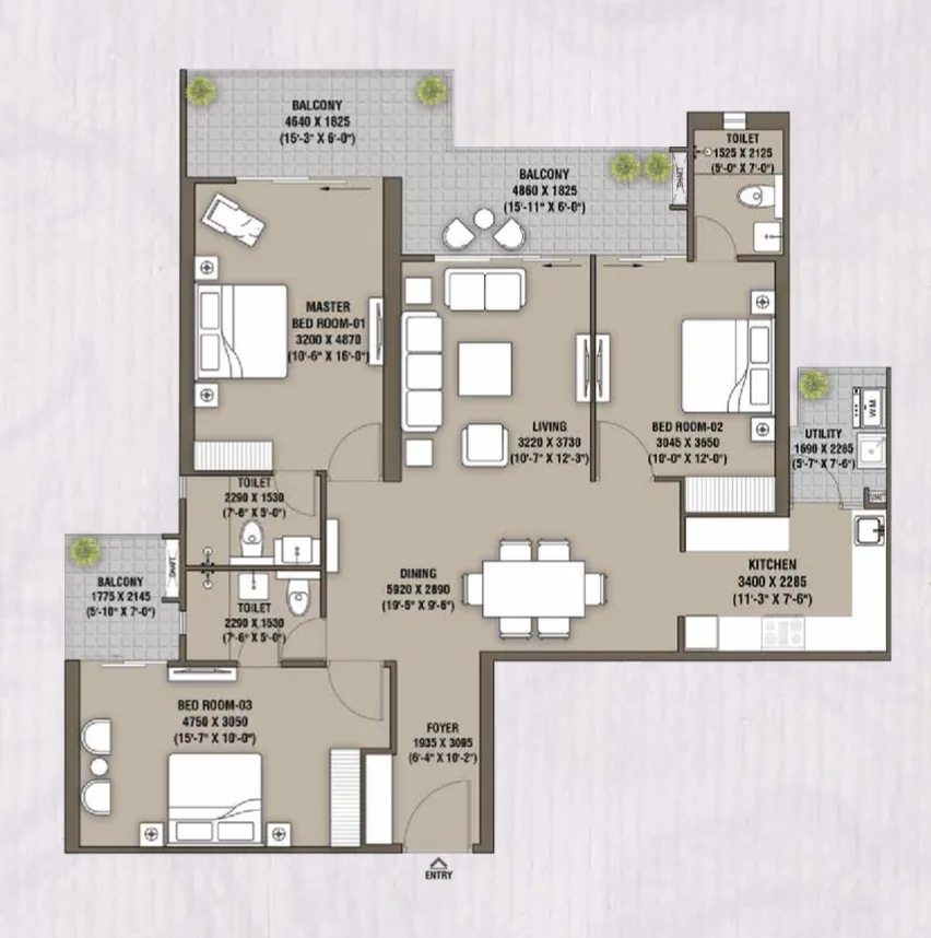 3 BHK Type 1 Floor Plan