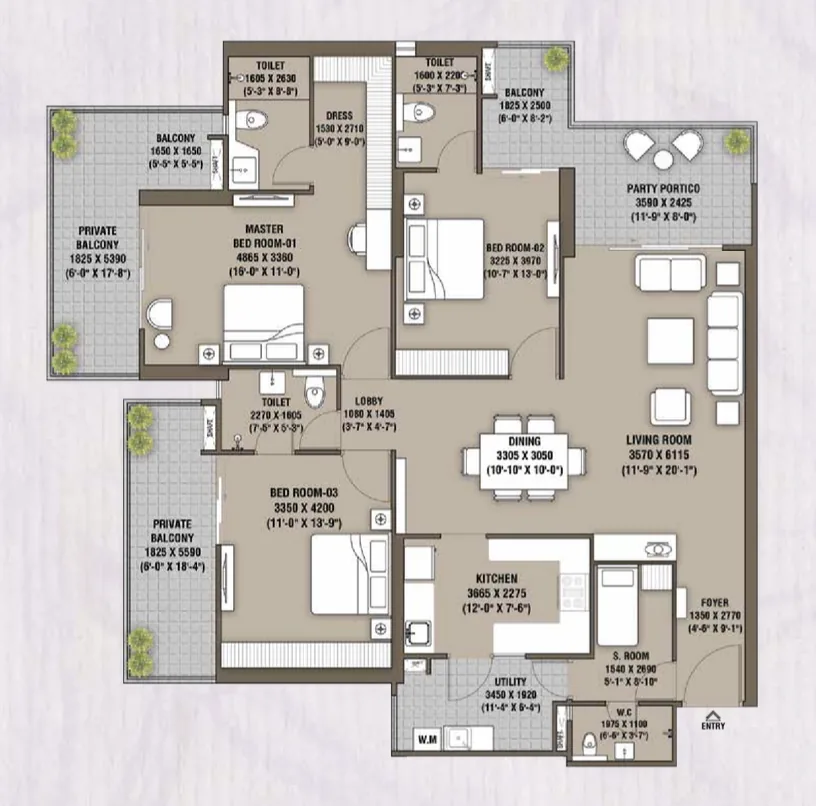 3 BHK Type 2 Floor Plan