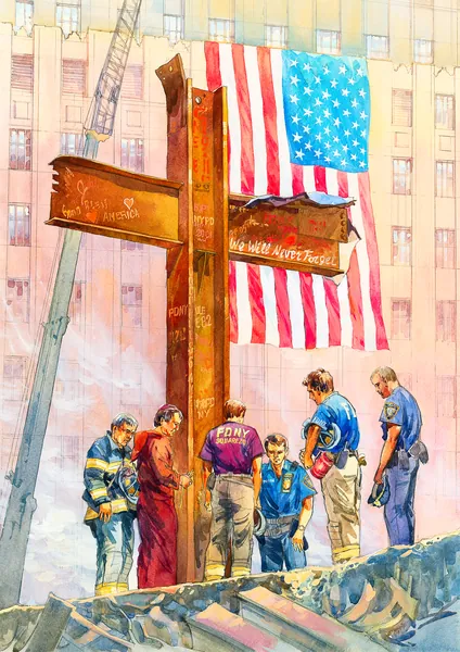 Watercolor of firefighters and police gathered in prayer before the steel Ground Zero cross under an American flag.