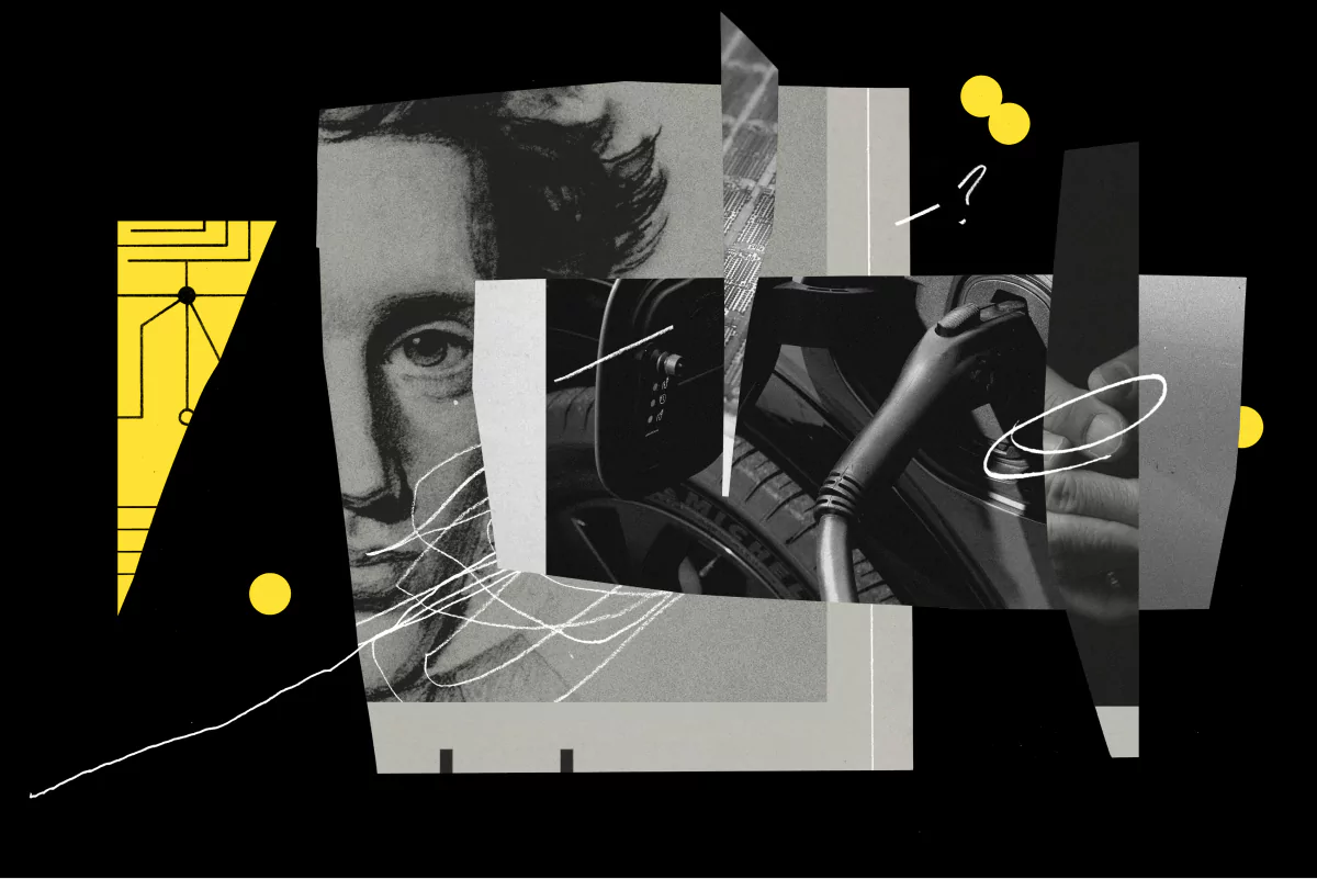 A collage of black and white photographs, and geometric yellow cut-outs, and white scribbly lines. All images on this page are in this same illustration style. A large image depicts half of a face in the style of an old fashioned portrait. Overlapping is a smaller image of a car's open fuel tank and gasoline nozzle.