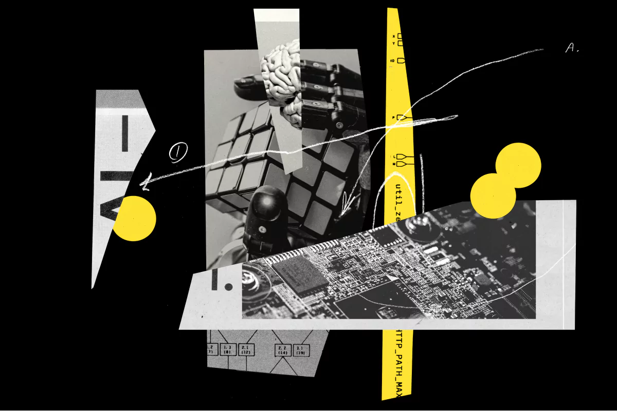 A collage of black and white photographs, yellow cut-outs, and white scribbly lines. The two focal images depict a large circuit board and a robot hand twisting a Rubik's Cube respectively.