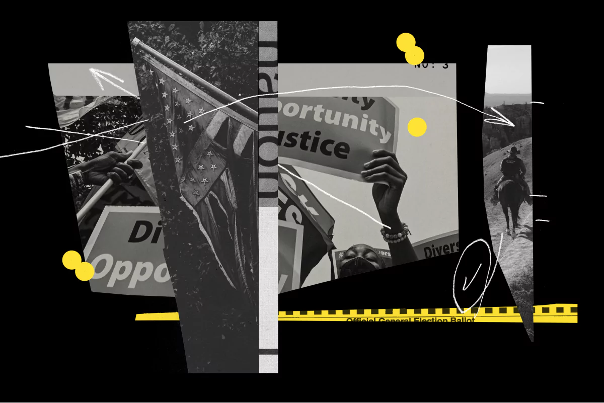 A collage of black and white photographs and yellow cut-outs. The three focal images include an American flag, a dramatic angle close-up of people holding protest signs calling for opportunity and justice, and a lone cowboy on a horse with his back to camera walking through a desert. White scribbly arrows are draw across the photographs.