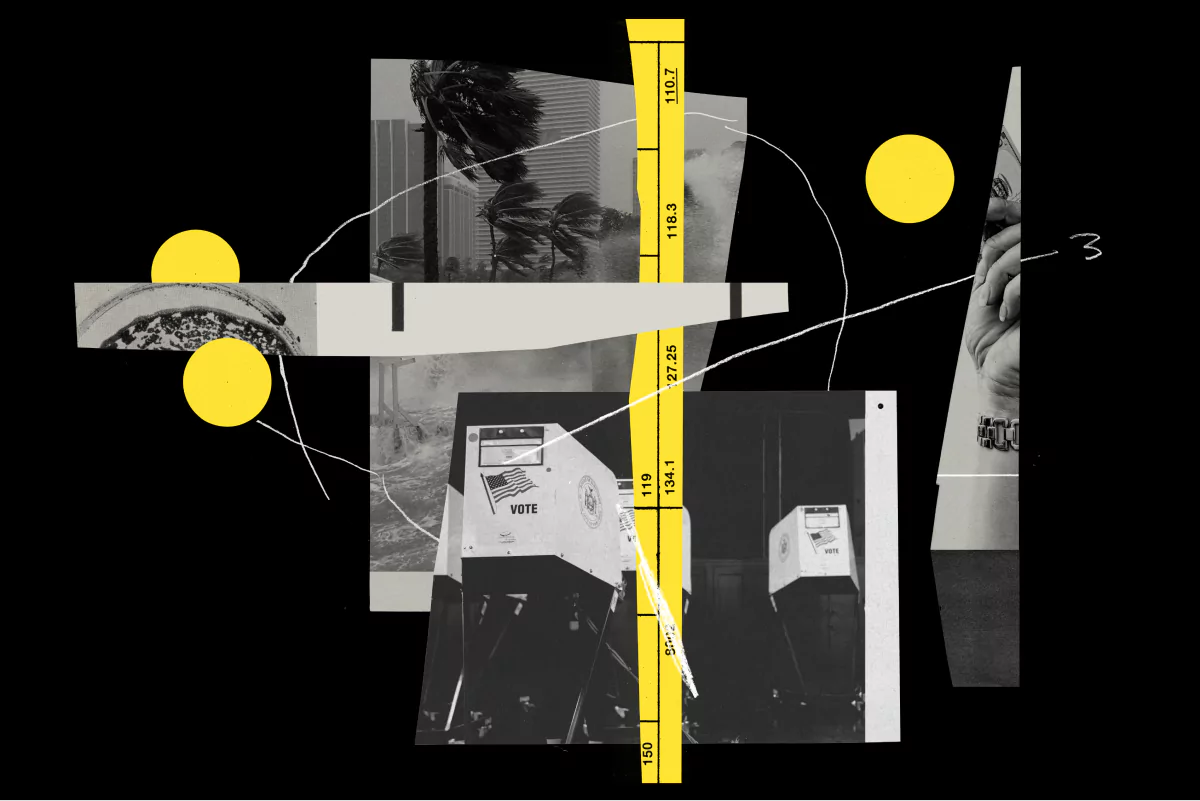 A collage of black and white photographs, yellow cut-outs, and white scribbly lines. The two larger focal images depict a tropical city in a storm with palm trees blowing in the winds, and voting booths arranged at a poll site with an American flag and the word VOTE on each one. Smaller images are of an upright hand wearing a watch and an unrecognizable ring of dirt.