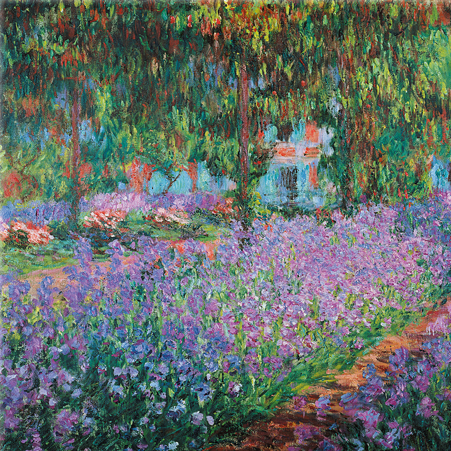 Claude Monet: Glasbild «Irisbeet in Monets Garten»