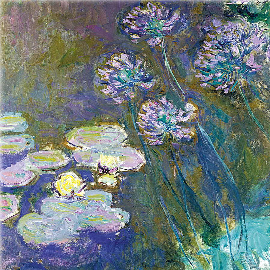 Claude Monet: Glasbild Gelbe Seerosen und Agapanthus
