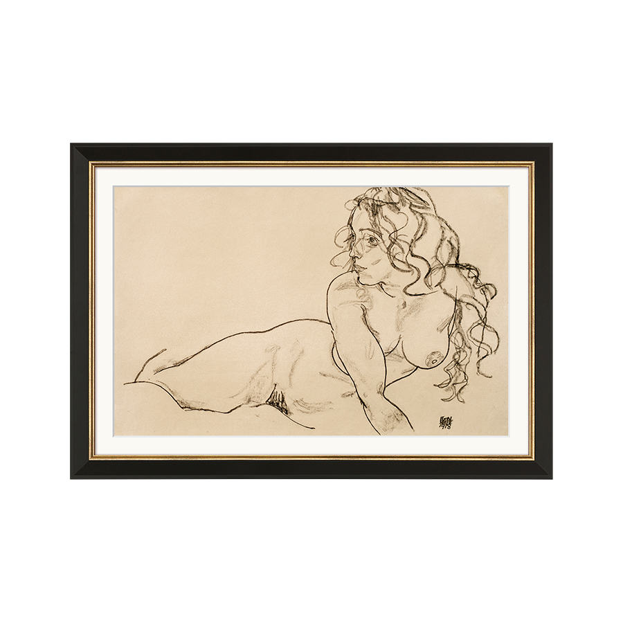 Egon Schiele: Gemälde Sich aufstützender weiblicher Akt mit langem Haar