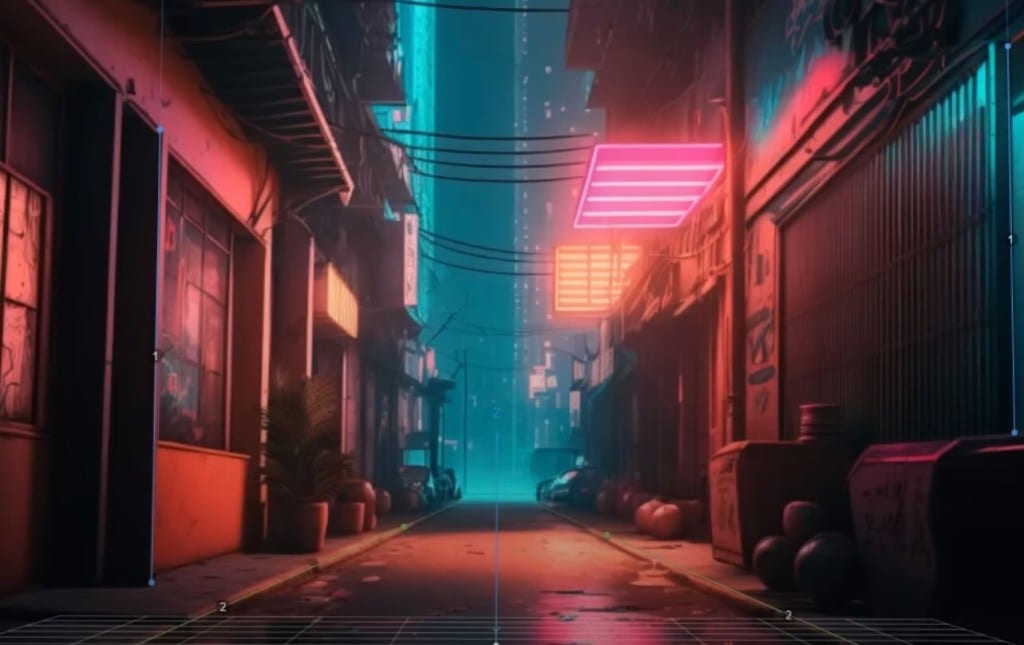 2D AI-generated background image of an alleyway used in the Prompt Muse video