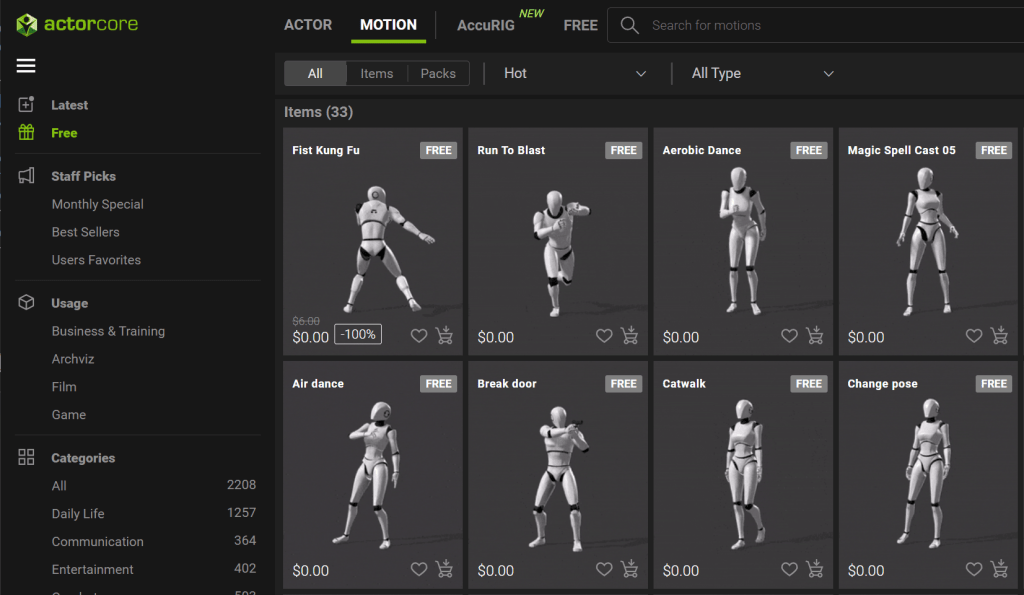 Library of ready made character animation clips from an online marketplace