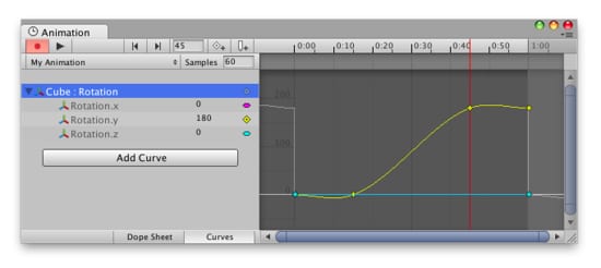 Unity animation timeline showing keyframed points as dots on a yellow curve