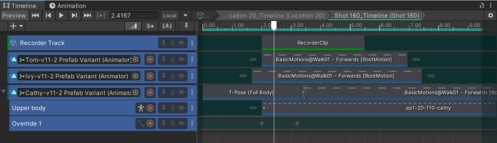 Timeline layering multiple animation clips for body, face, and hand poses in Unity